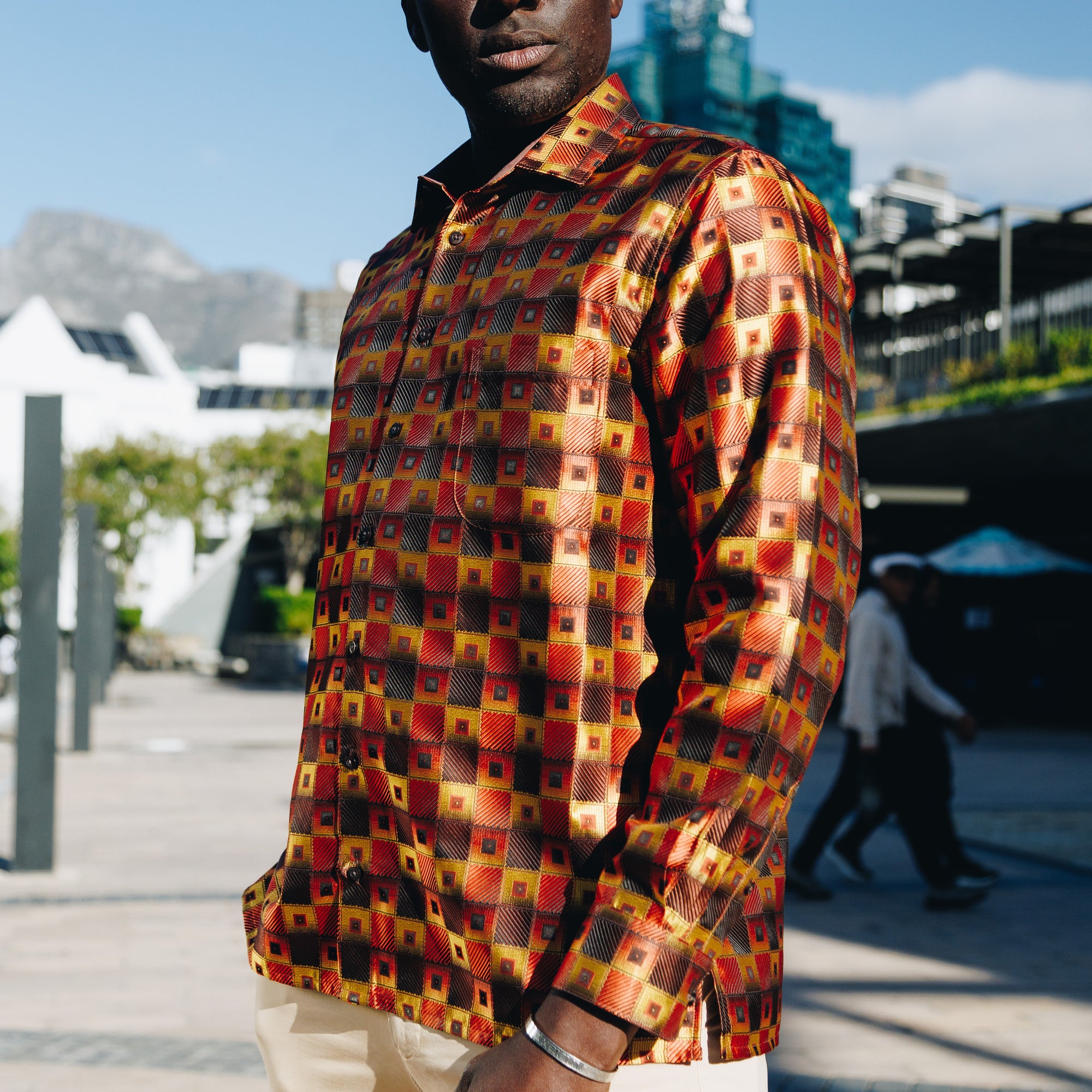 Chess Board - Orange Men's Jacquard Satin Luxury Formal Shirt