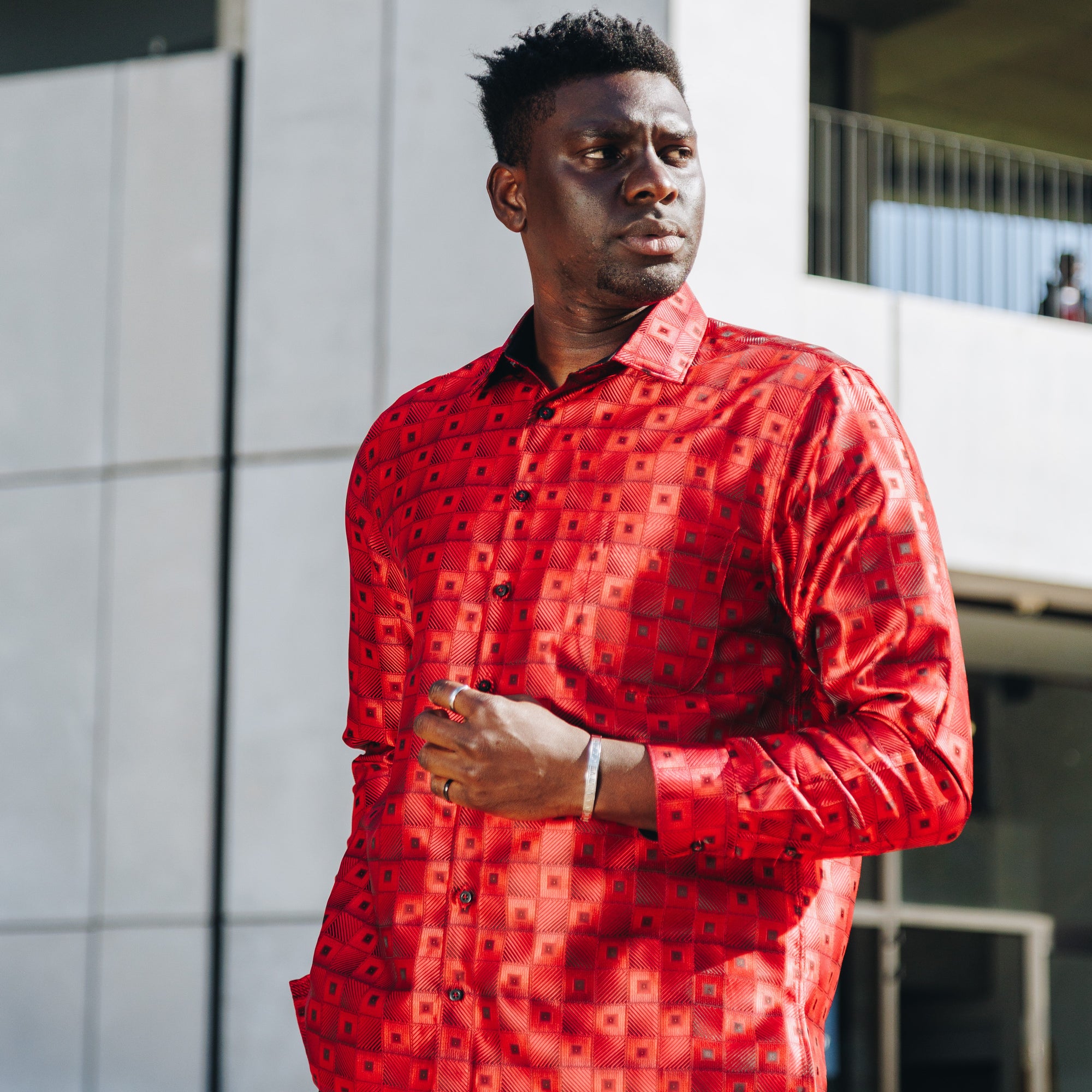 Chess Board - Red Men's Jacquard Satin Luxury Formal Shirt