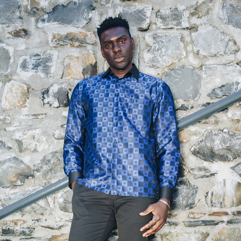 Chess Board - Royal Blue Men's Jacquard Satin Luxury Formal Shirt