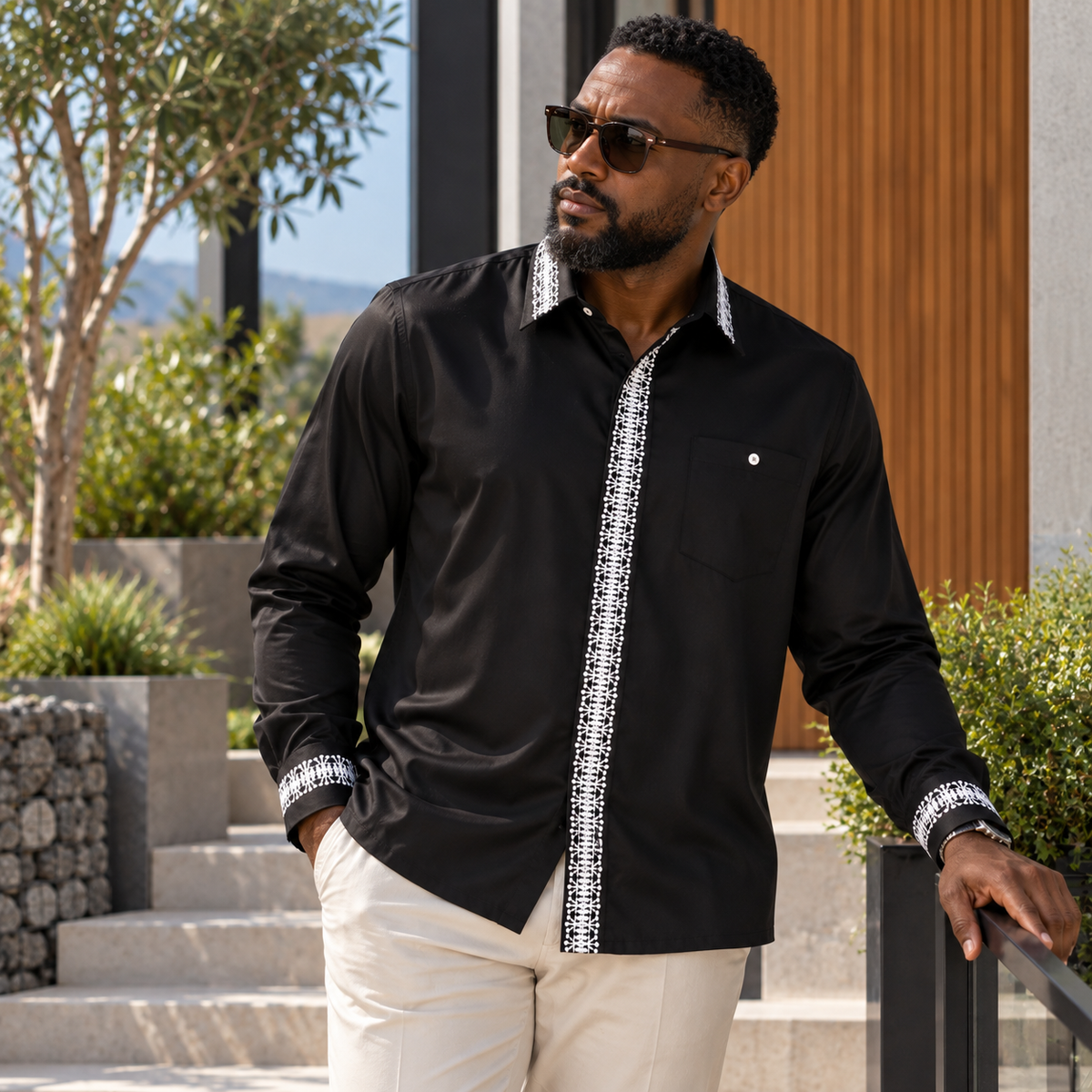 Classic Embroidered Rayon Black Long Sleeve Viscose Men's Shirt