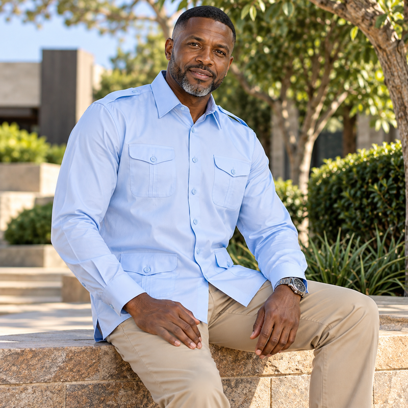 Light Blue Safari Multi-Pocket Pleated Epaulettes Long Sleeve Shirt