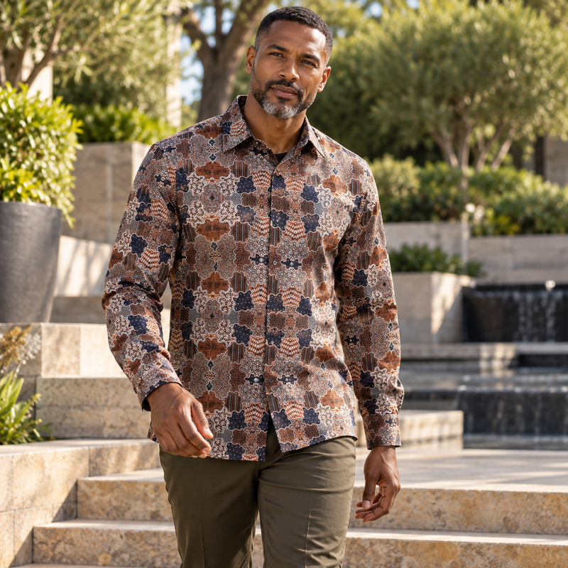 Organic Patchwork - Brown Men's Long Sleeve Cotton Printed Shirt