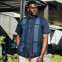 Cudiba Style – Navy Black Short Sleeve Linen Cotton Embroidered Men's Shirt