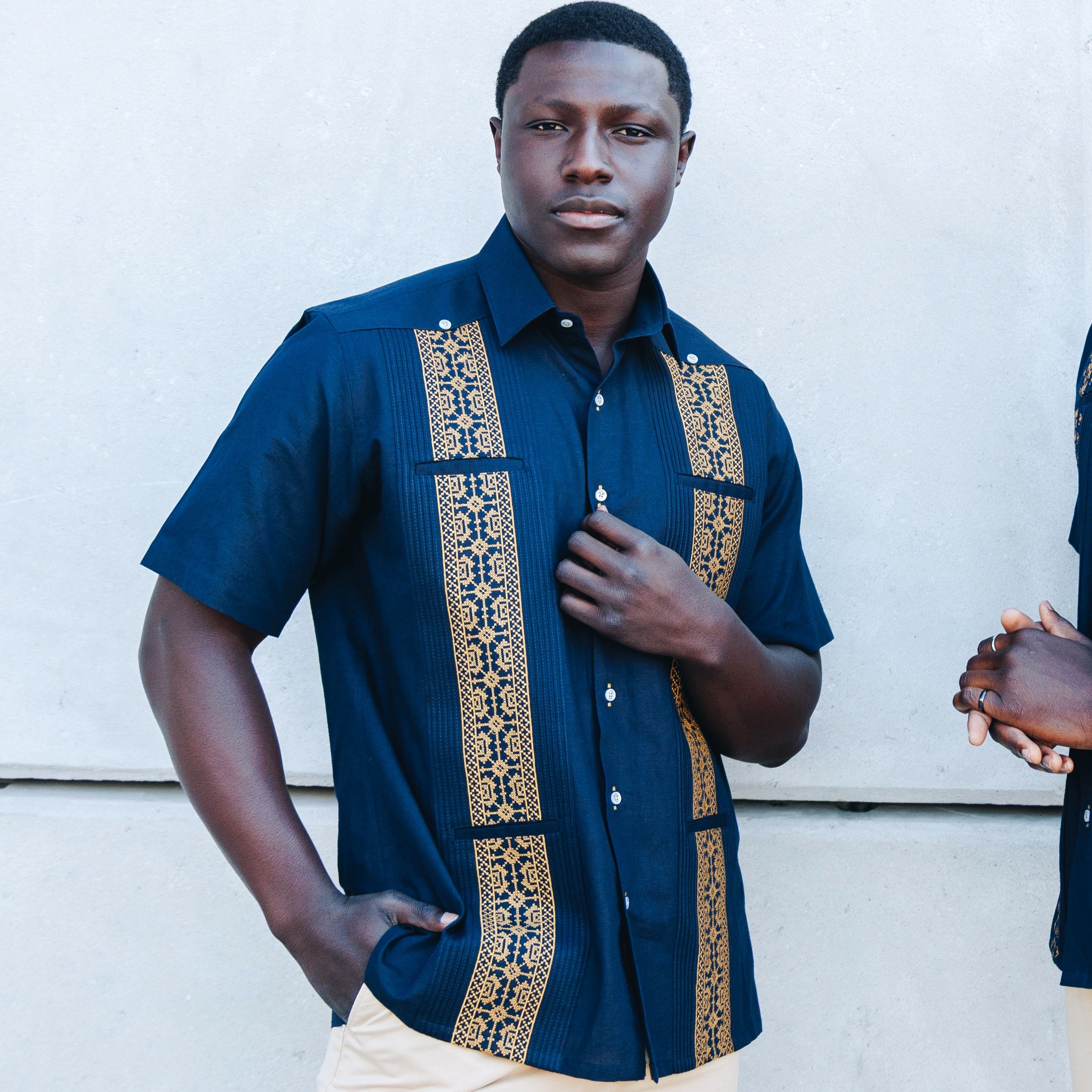 Cuban Crosses – Navy Short Sleeve Linen Cotton Embroidered Men's Shirt