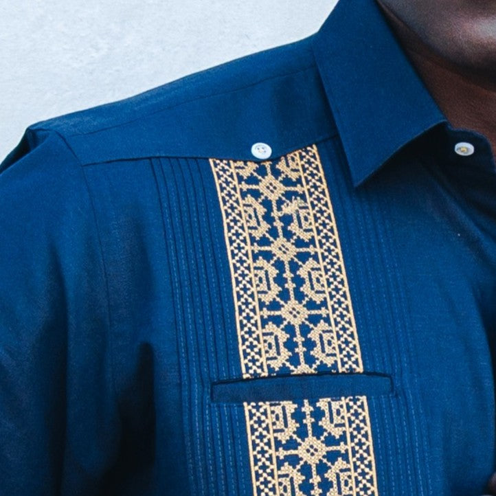 Cuban Crosses – Navy Short Sleeve Linen Cotton Embroidered Men's Shirt