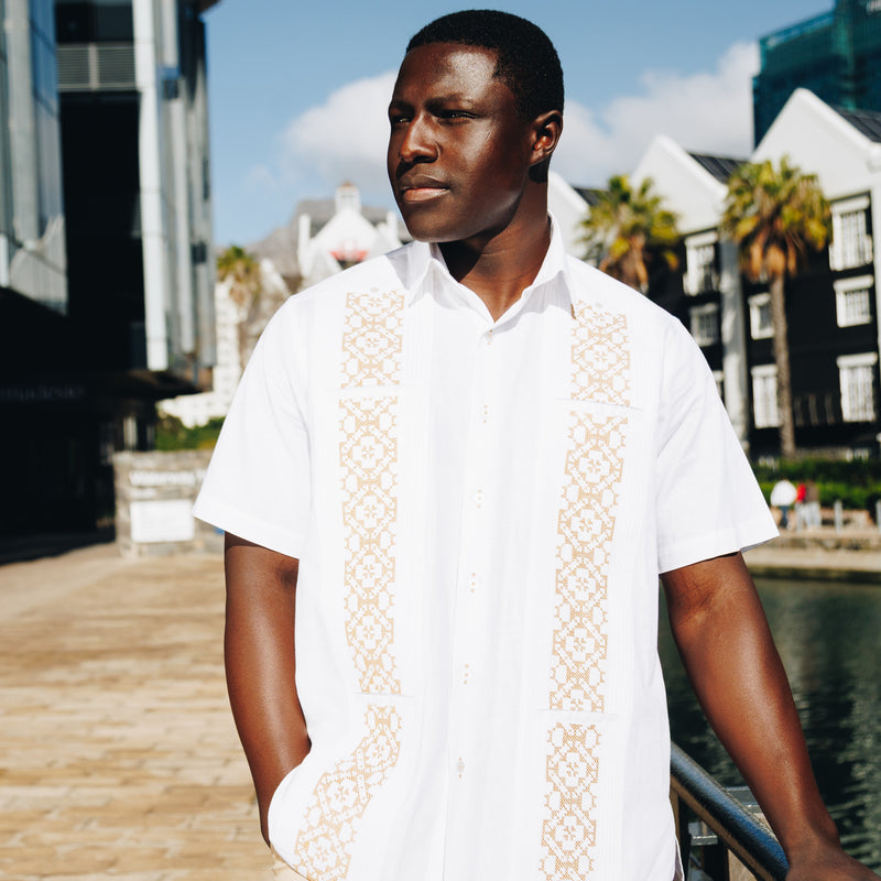 White Flower – White Short Sleeve Linen Cotton Embroidered Men's Shirt