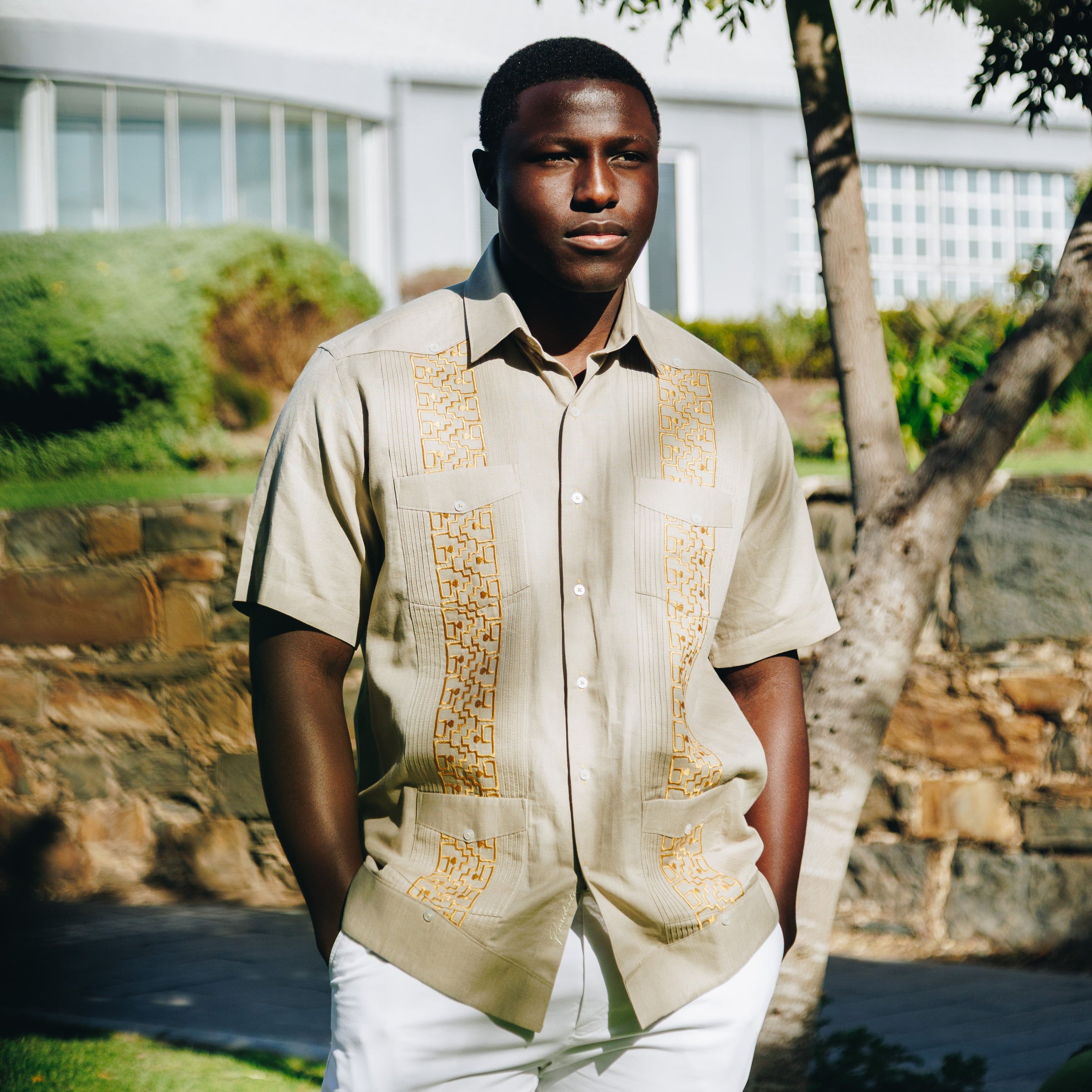 Drum and Hope – Olive Short Sleeve Linen Cotton Embroidered Men's Shirt