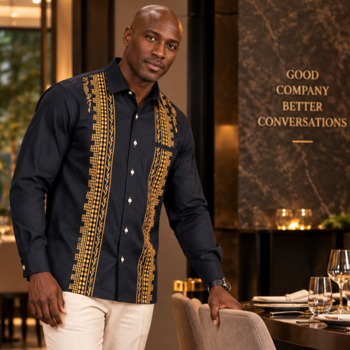 Geometric Blocks - Navy Long Sleeve Linen Cotton Embroidered Men's Shirt