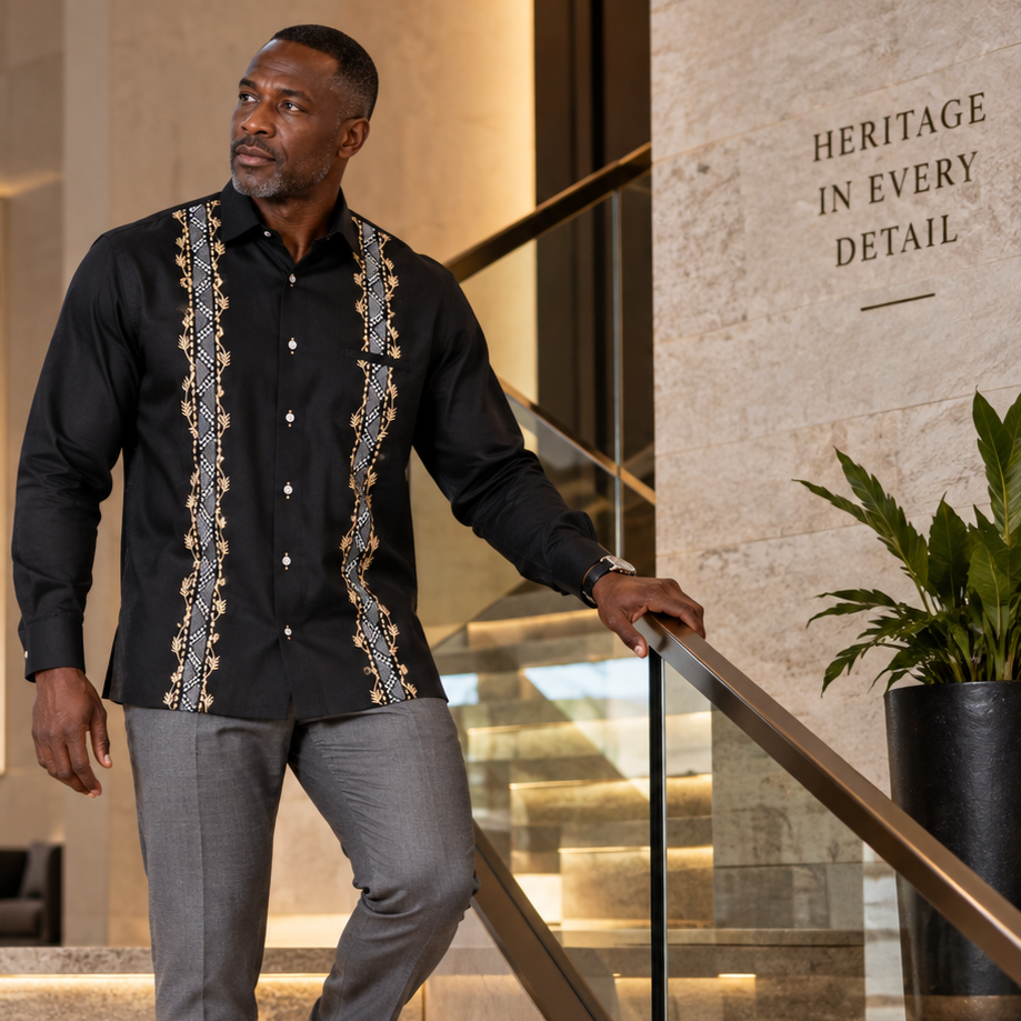 Spiral - Black Long Sleeve Linen Cotton Embroidered Men's Shirt