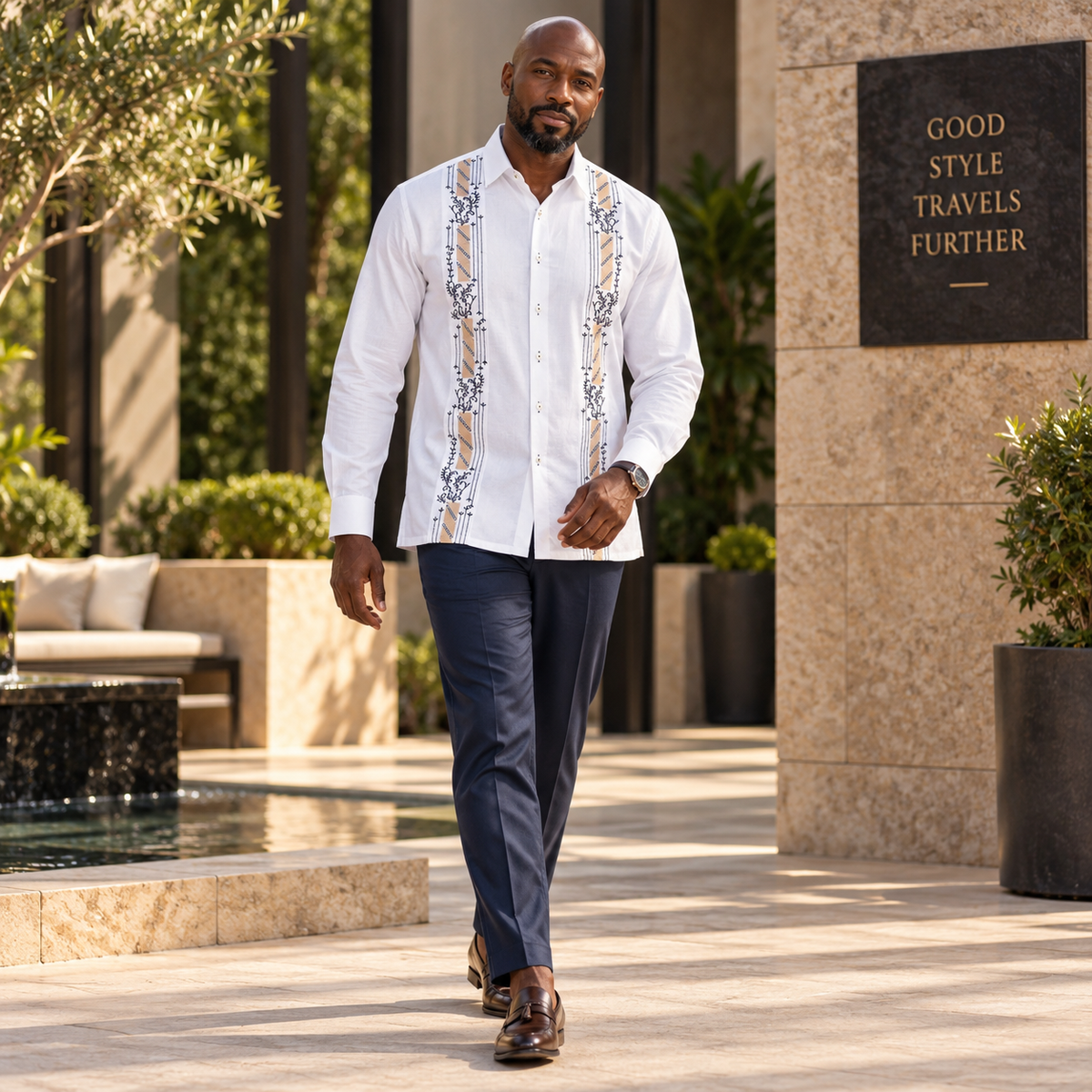 Kings Scepter - White Long Sleeve Linen Cotton Embroidered Men's Shirt