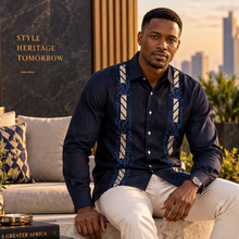 Kings Scepter - Navy Long Sleeve Linen Cotton Embroidered Men's Shirt