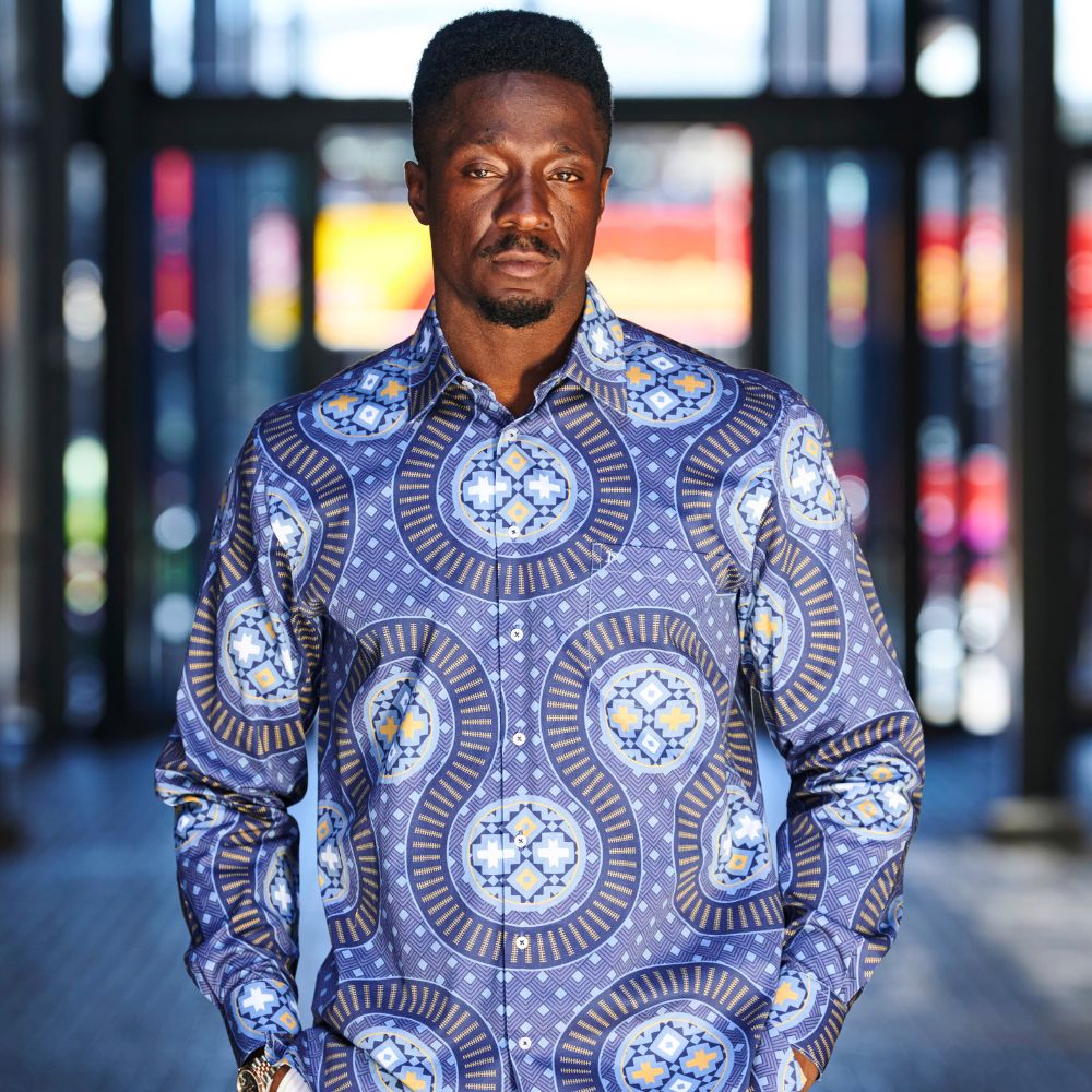 African Spine - Navy Men's Long Sleeve Cotton Printed Shirt