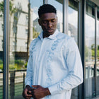 Light Blue Long Sleeve Cotton Sateen Embroidered Multi-Pocket Men's Shirt