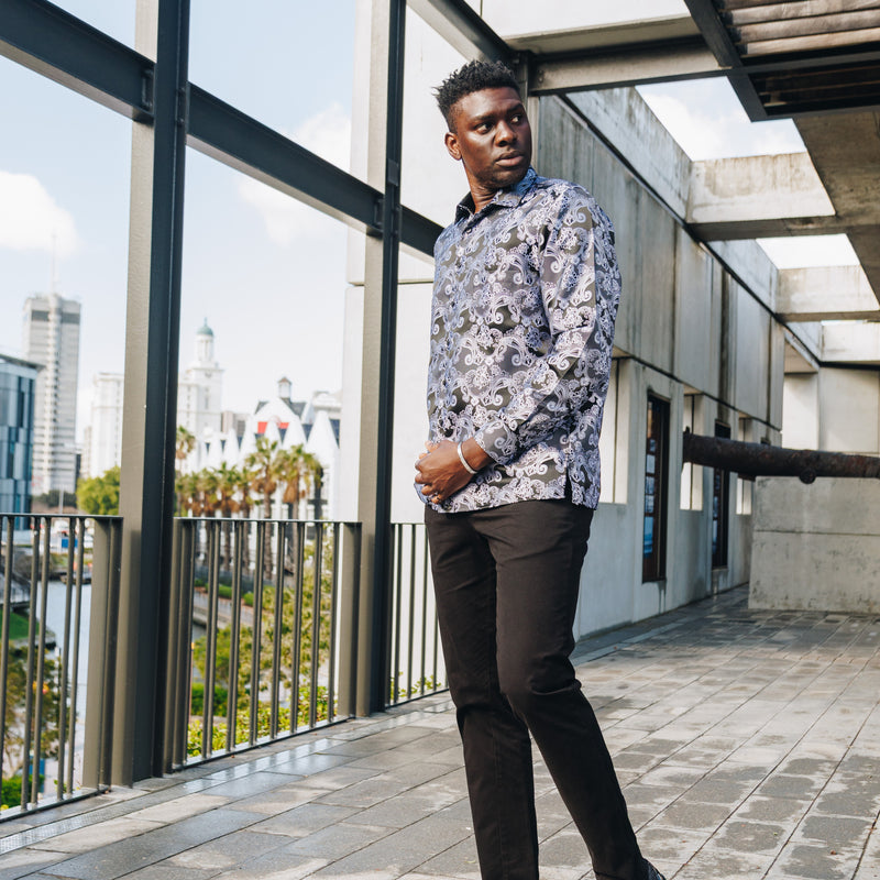 Lillian Wave - Black Men's Jacquard Satin Luxury Formal Shirt