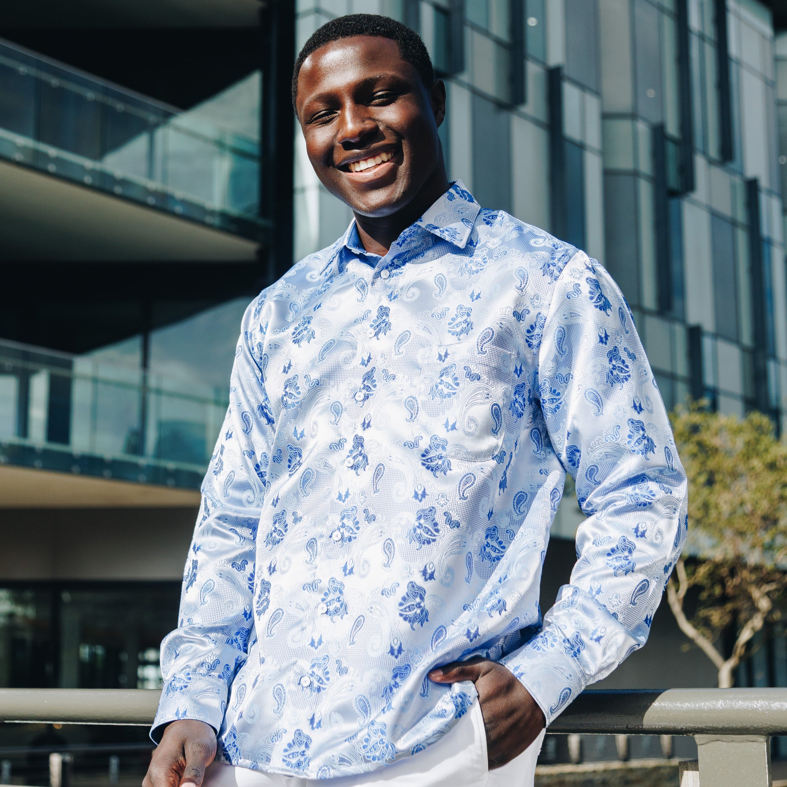 Lillian Wave - Blue Men's Jacquard Satin Luxury Formal Shirt