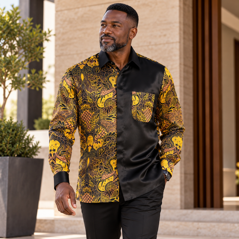 Madiba Classic - Black Men's Long Sleeve Silk Shirt