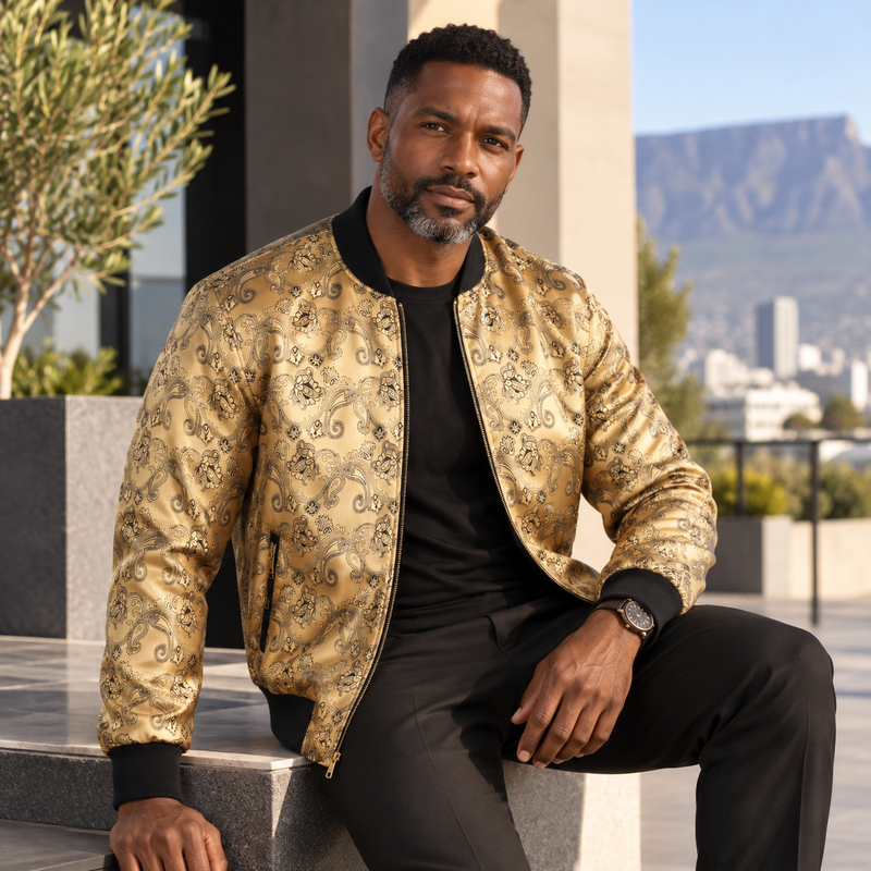 Men’s Gold Jacquard Woven Bomber Jacket – Stylish Outerwear