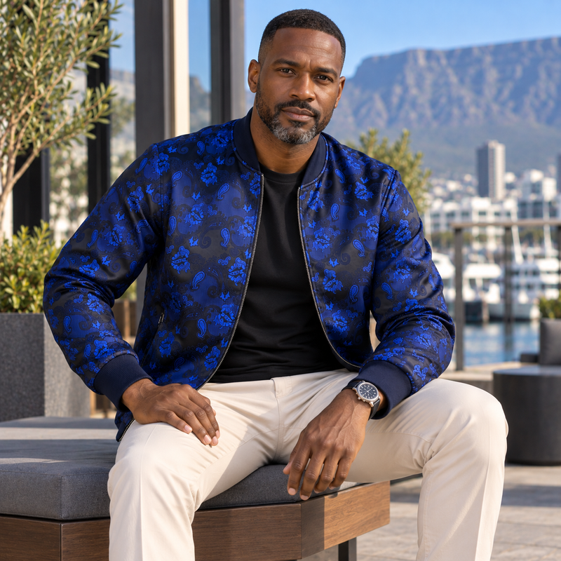 Men’s Navy Jacquard Woven Bomber Jacket – Stylish Outerwear