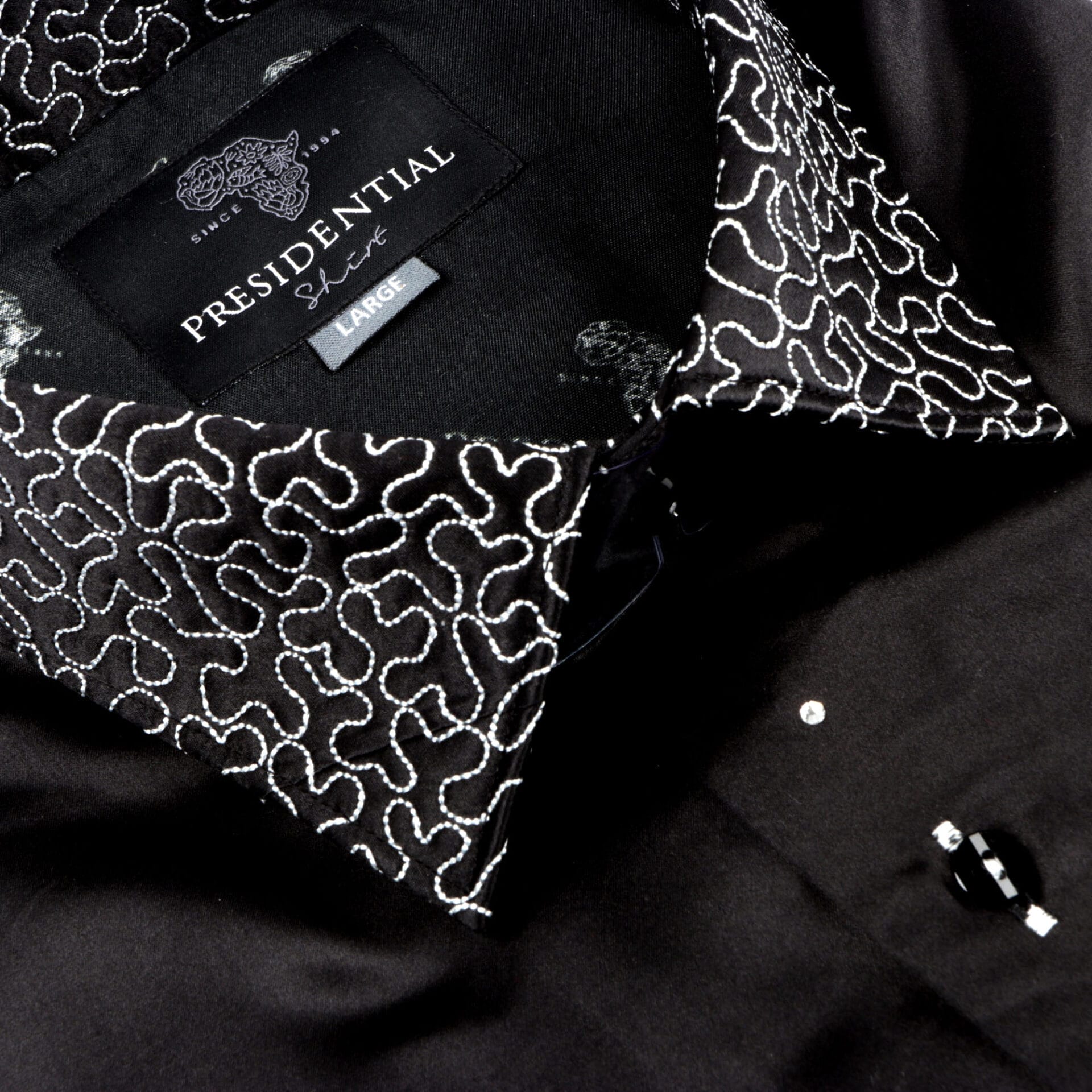 Madiba Original Black Diamante Iconic 100% Silk Shirt With Swirl Embroidery
