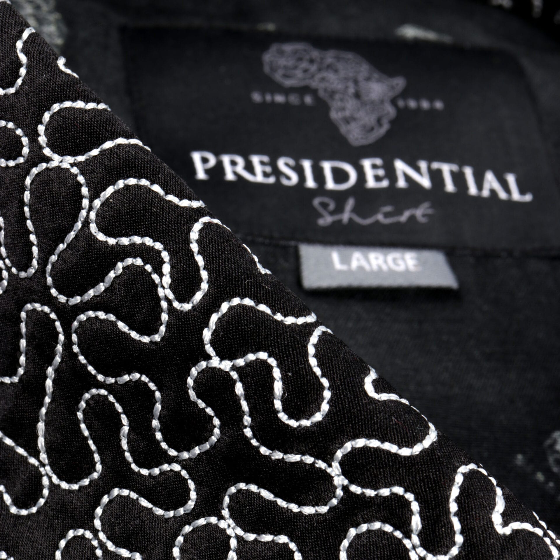 Madiba Original Black Diamante Iconic 100% Silk Shirt With Swirl Embroidery