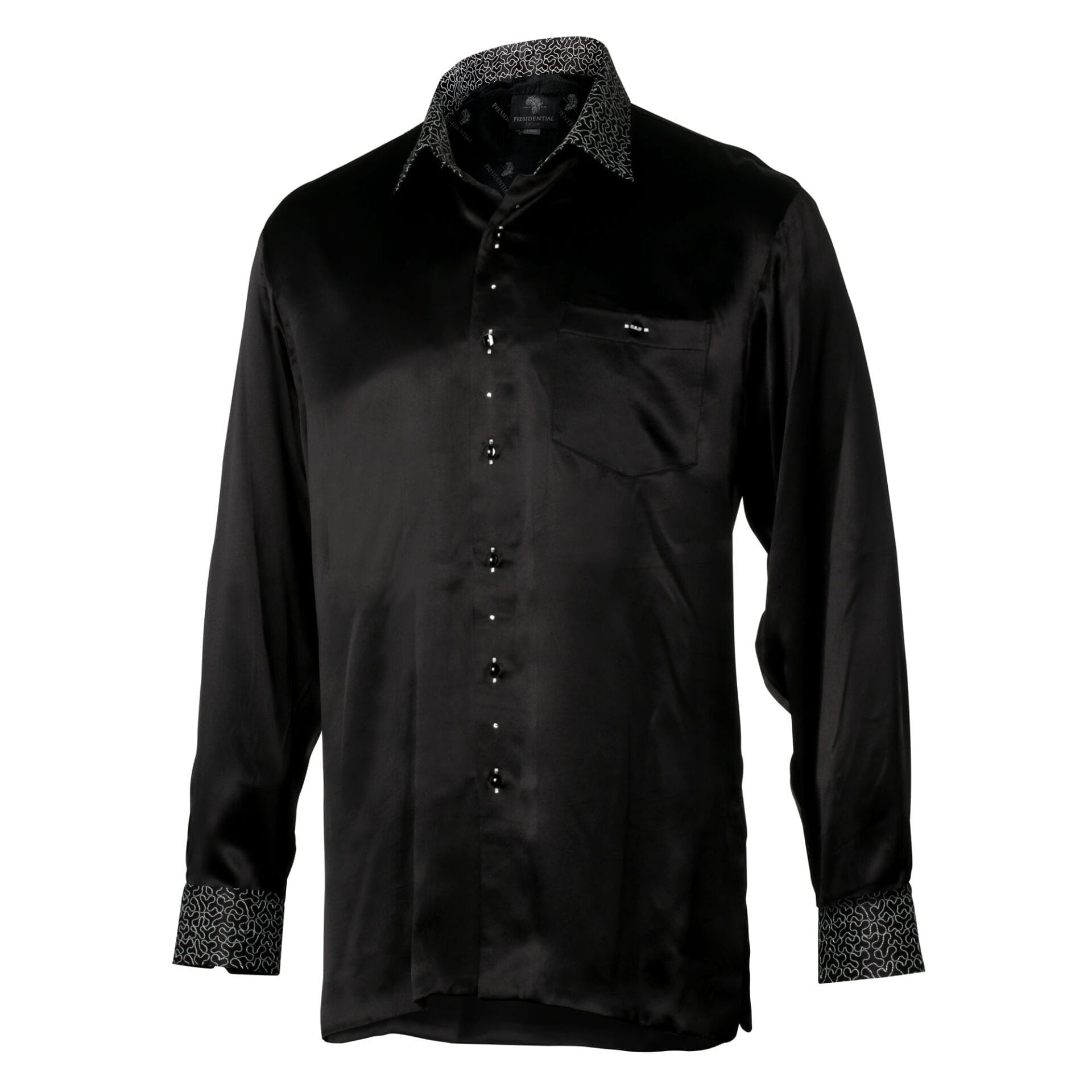 Madiba Original Black Diamante Iconic 100% Silk Shirt With Swirl Embroidery