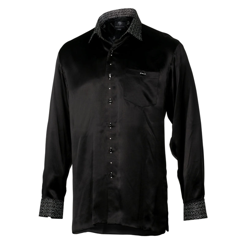 Madiba Original Black Diamante Iconic 100% Silk Shirt With Swirl Embroidery