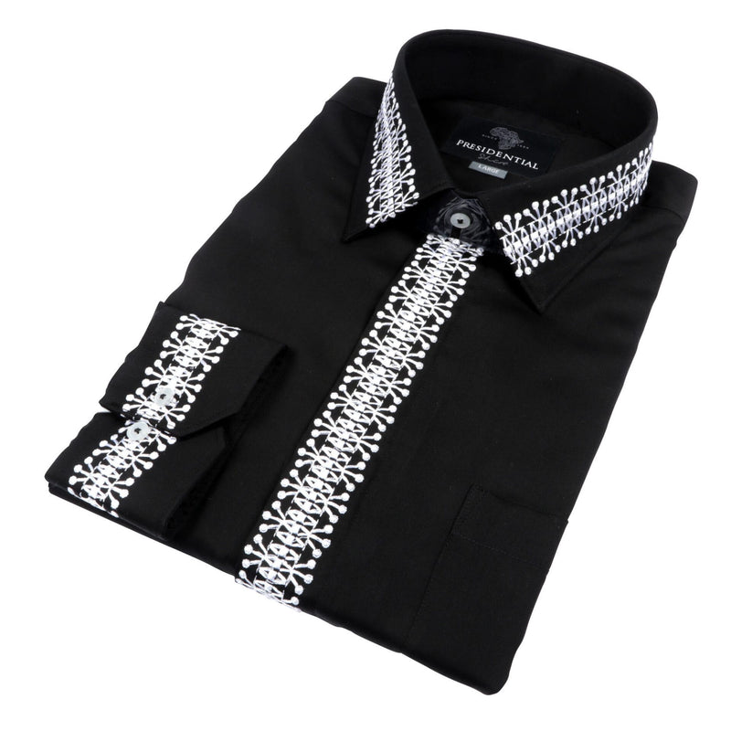 Classic Embroidered Rayon Black Long Sleeve Viscose Men's Shirt