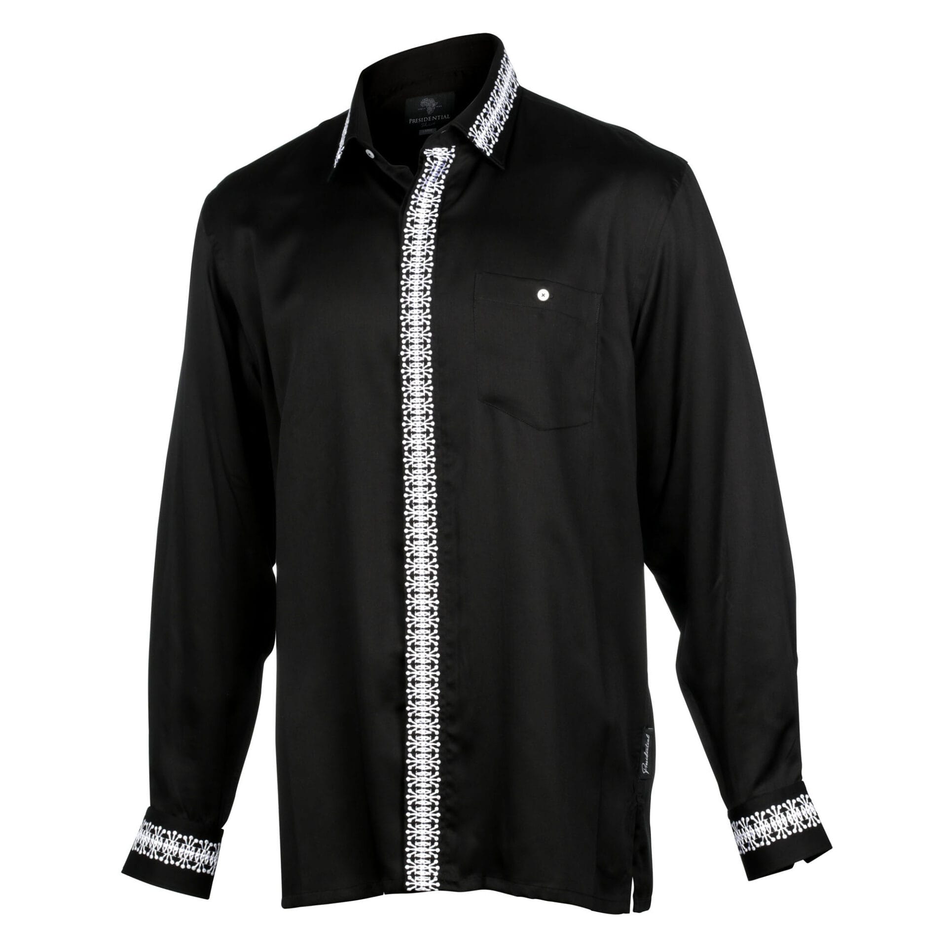 Classic Embroidered Rayon Black Long Sleeve Viscose Men's Shirt