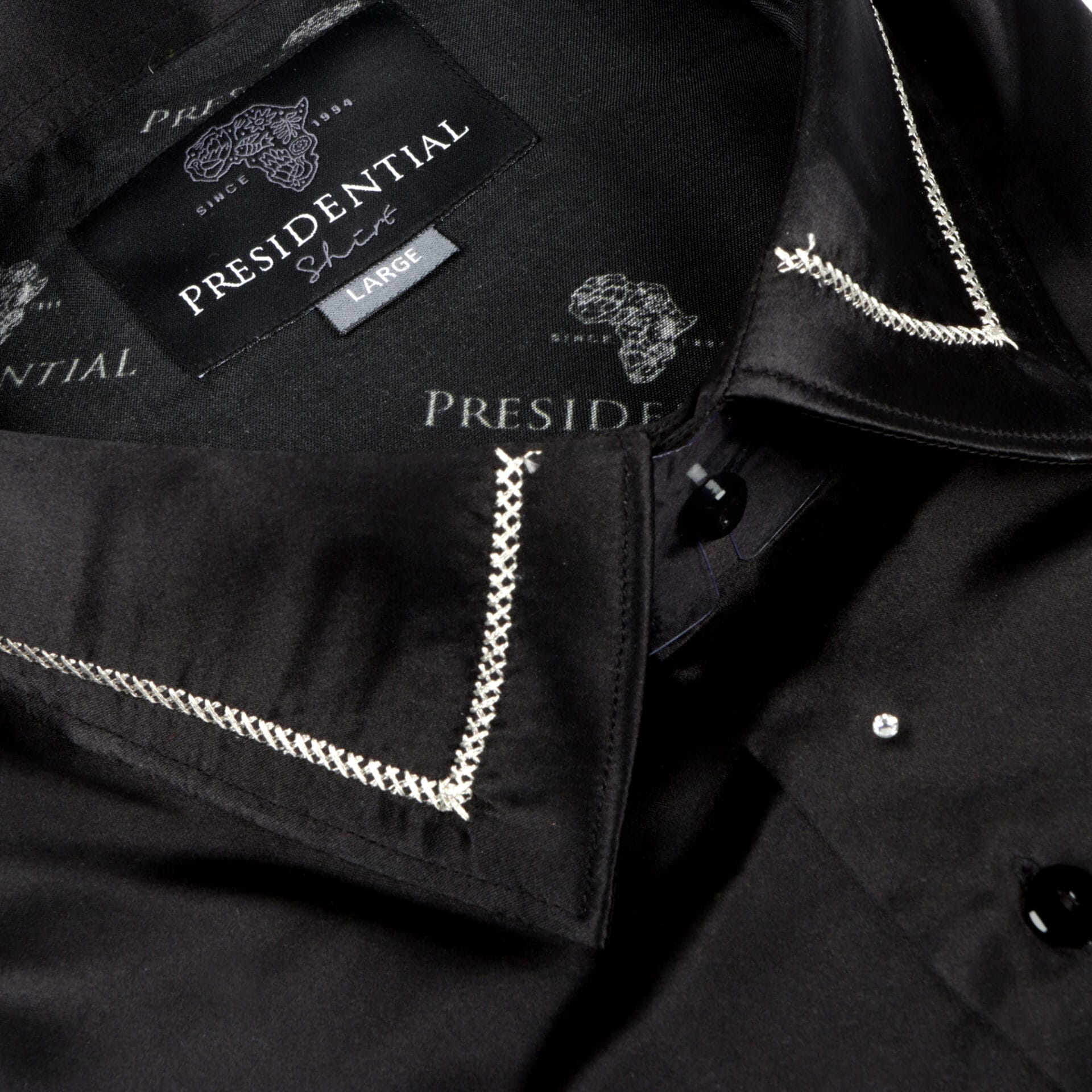 Madiba Original Black Diamante Iconic 100% Silk Shirt With Line Embroidery