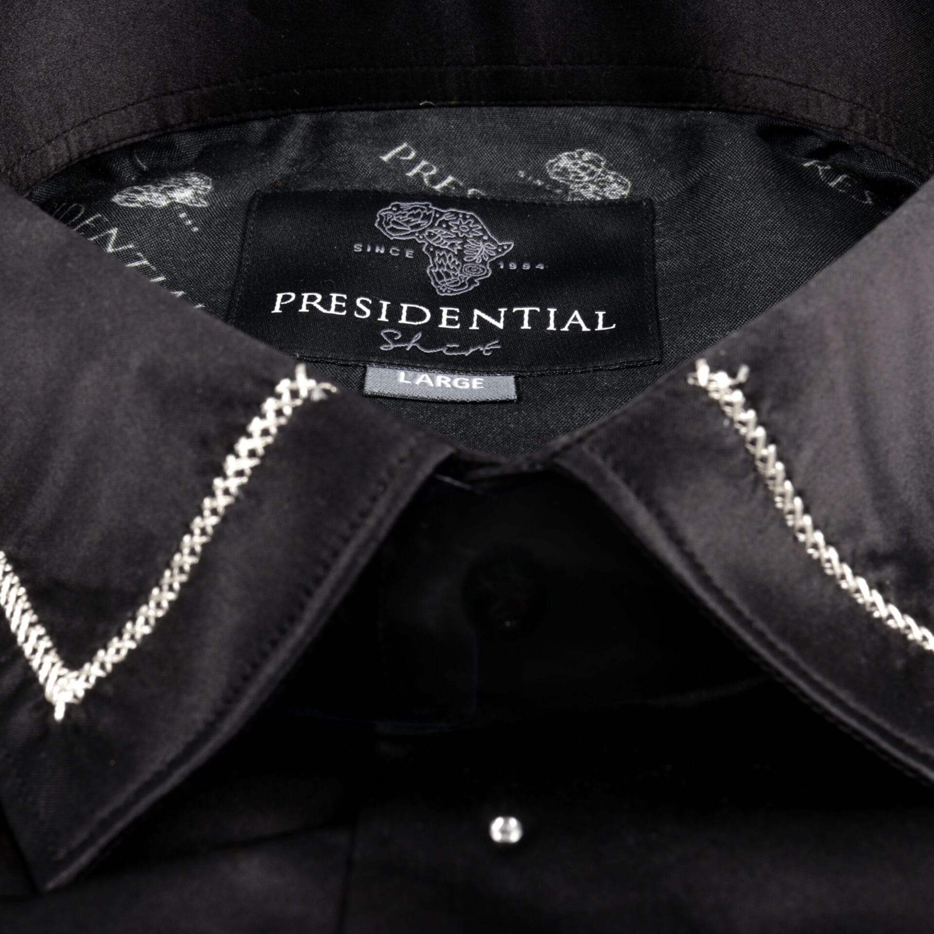 Madiba Original Black Diamante Iconic 100% Silk Shirt With Line Embroidery