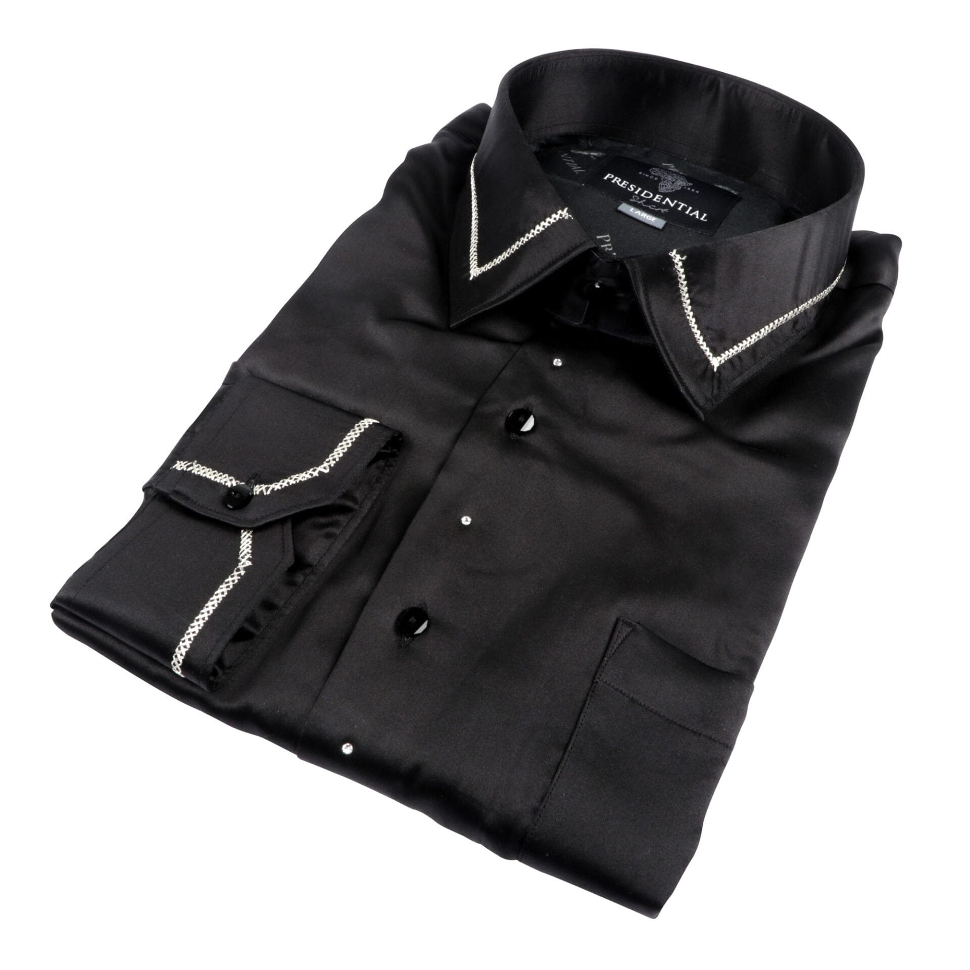 Madiba Original Black Diamante Iconic 100% Silk Shirt With Line Embroidery