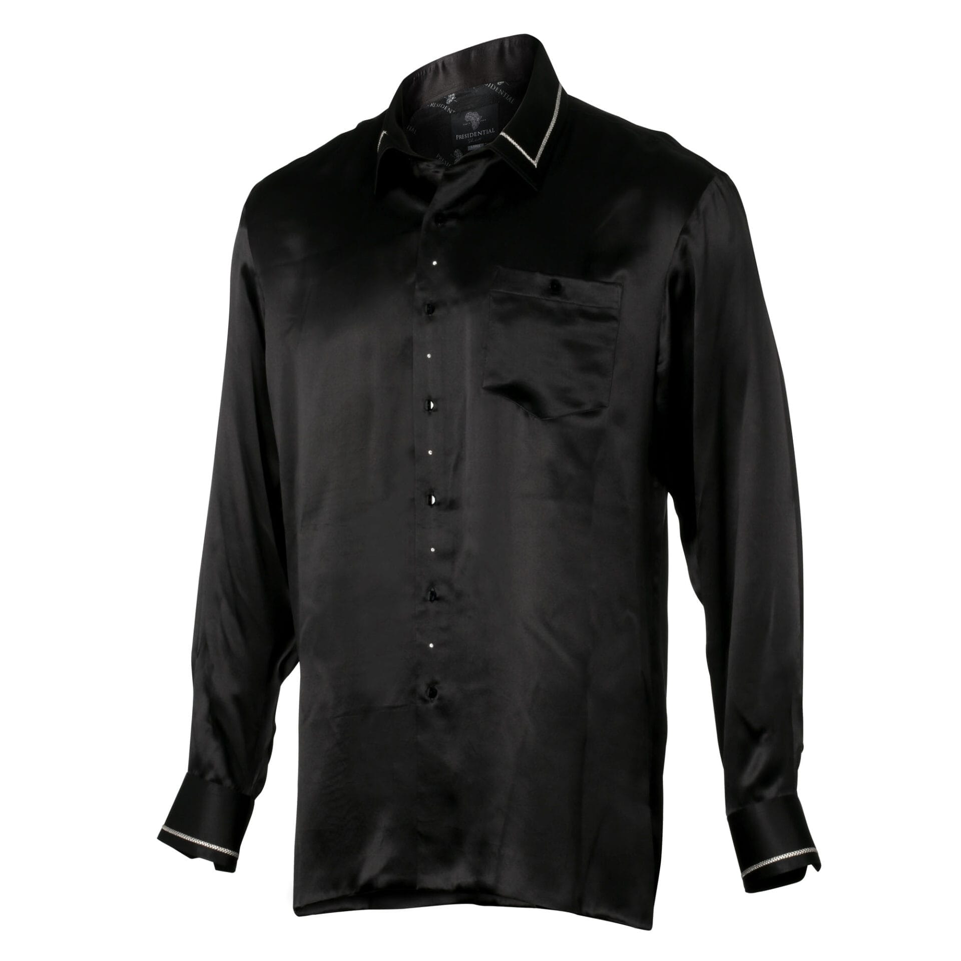 Madiba Original Black Diamante Iconic 100% Silk Shirt With Line Embroidery