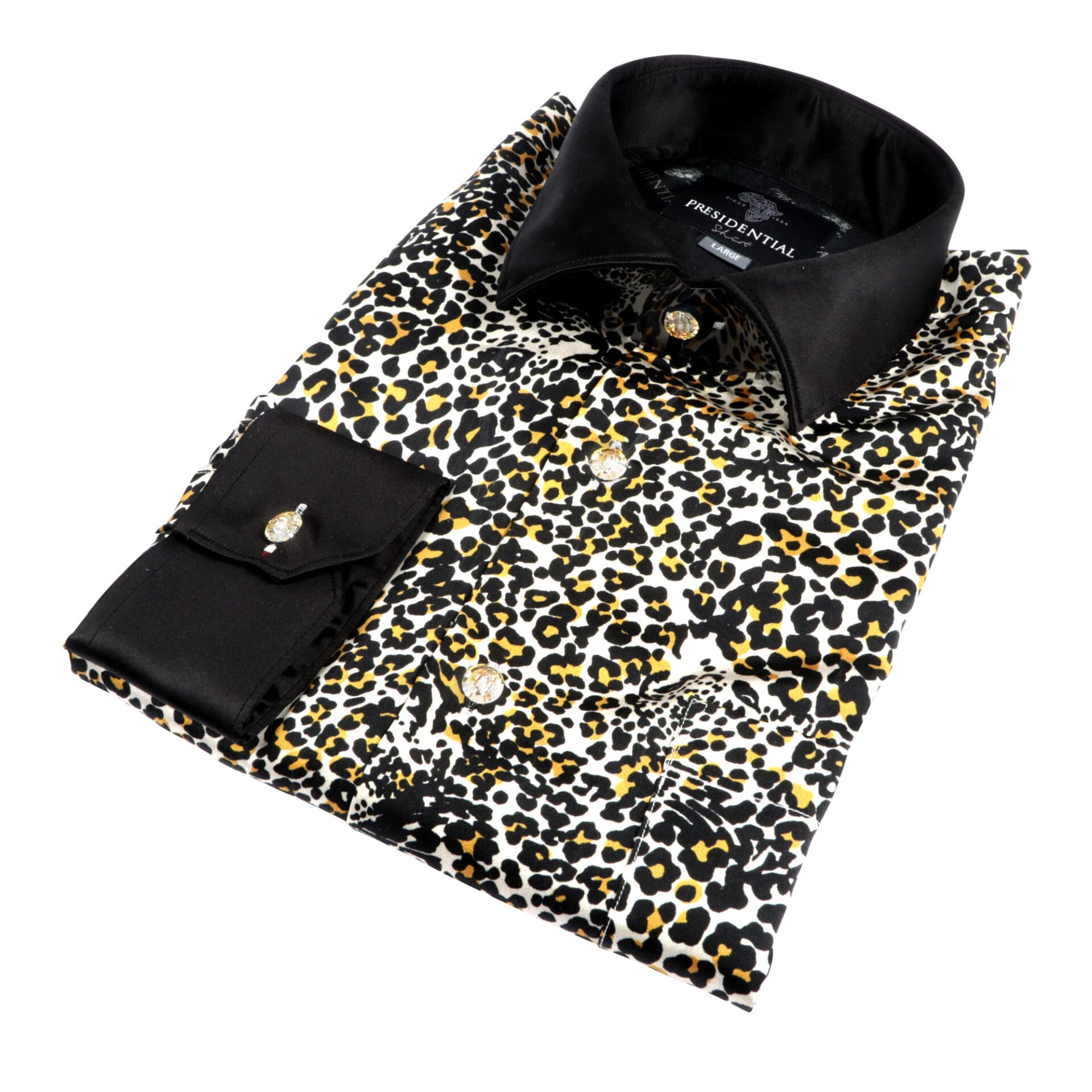 トップス Banded Collar Shirts-Leopard Madiba Original Leopard Face Iconic 100% Silk Shirt With Swarovski