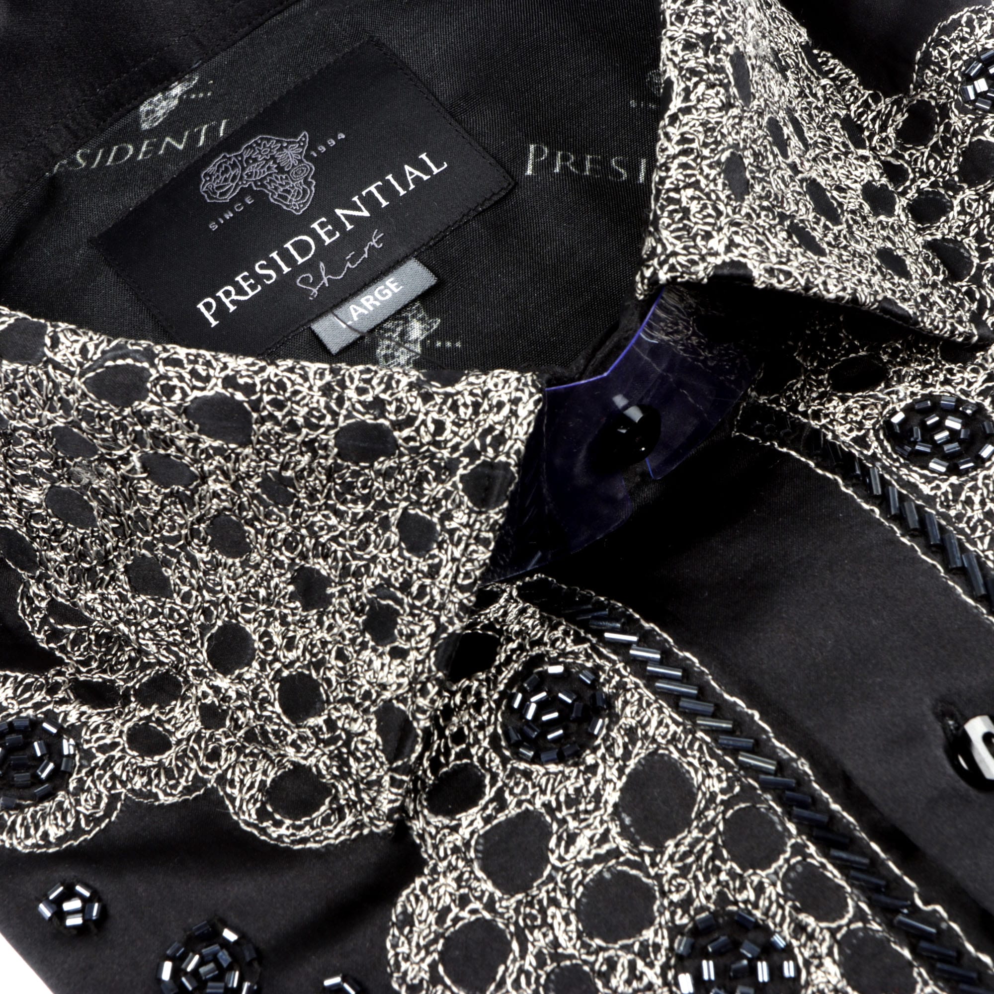 Black Diamante Iconic 100% Silk Shirt With Chest Embroidery