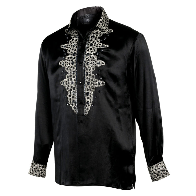 Black Diamante Iconic 100% Silk Shirt With Chest Embroidery