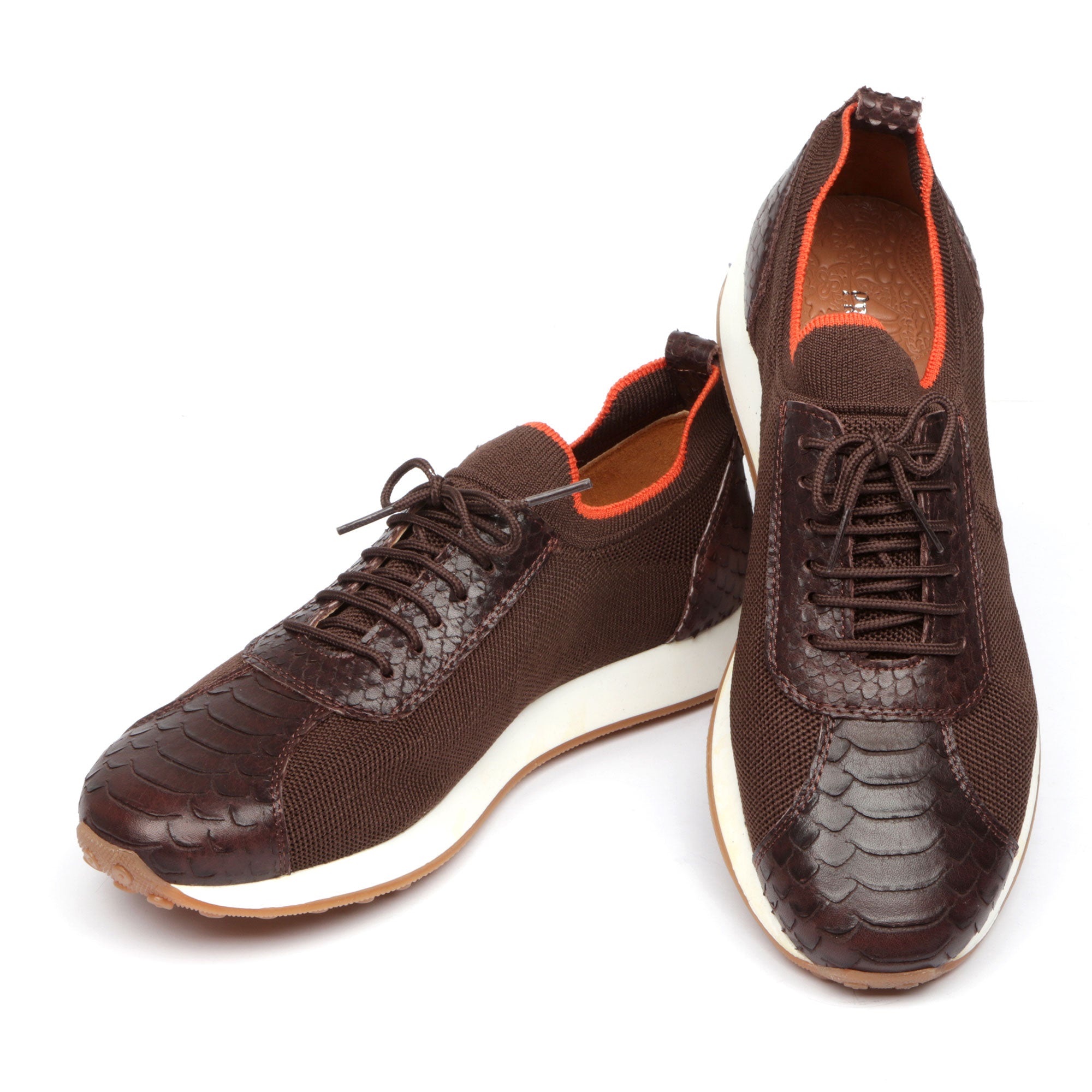 Men’s Chocolate Brown Leather Sneakers – Croc Textured Casual Dress Shoes