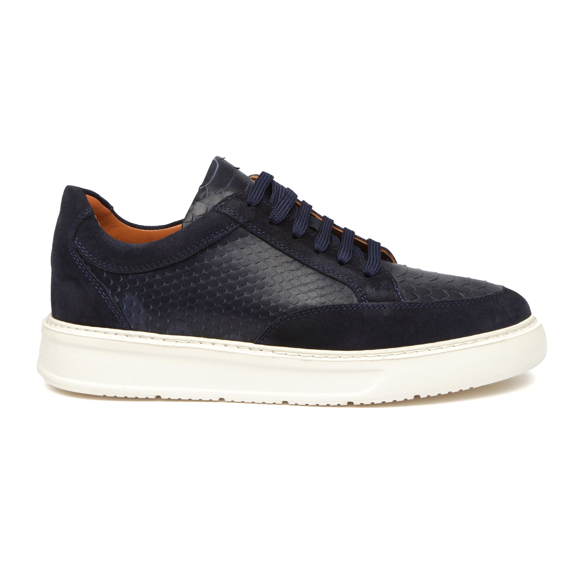Men’s Navy Leather Sneakers – Snake Textured Casual Dress Shoes