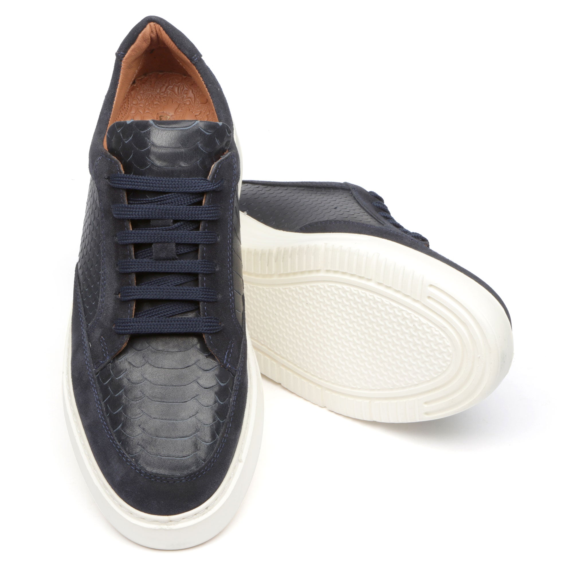 Men’s Navy Leather Sneakers – Snake Textured Casual Dress Shoes