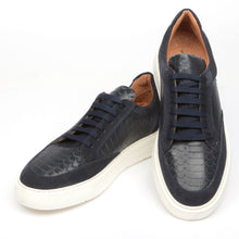 Men’s Navy Leather Sneakers – Snake Textured Casual Dress Shoes