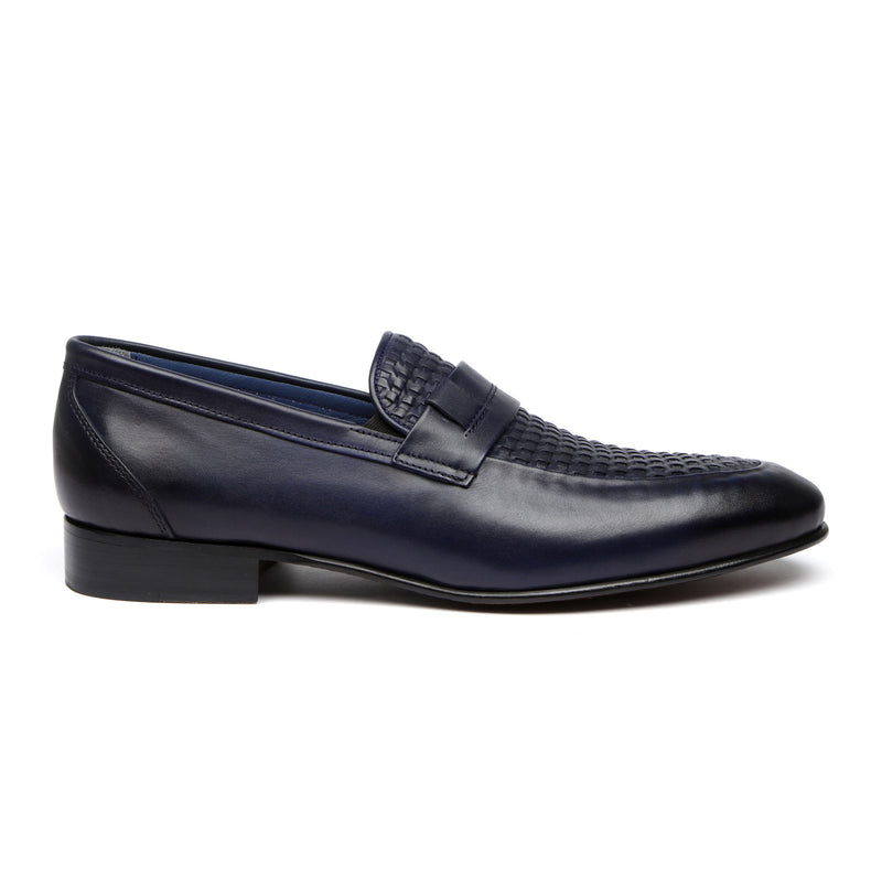 Classic Navy Woven Men’s Leather Loafers – Stylish & Comfortable Dress Shoes