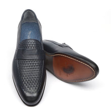 Classic Navy Woven Men’s Leather Loafers – Stylish & Comfortable Dress Shoes