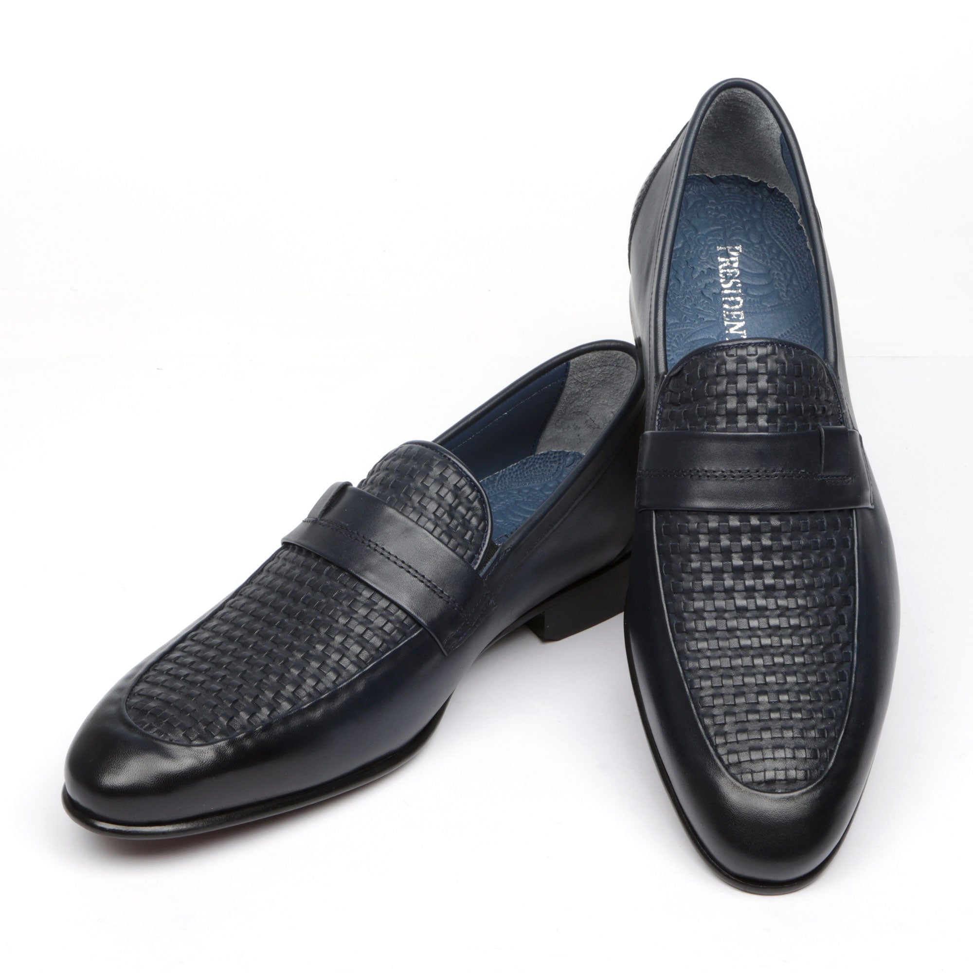 Classic Navy Woven Men’s Leather Loafers – Stylish & Comfortable Dress Shoes