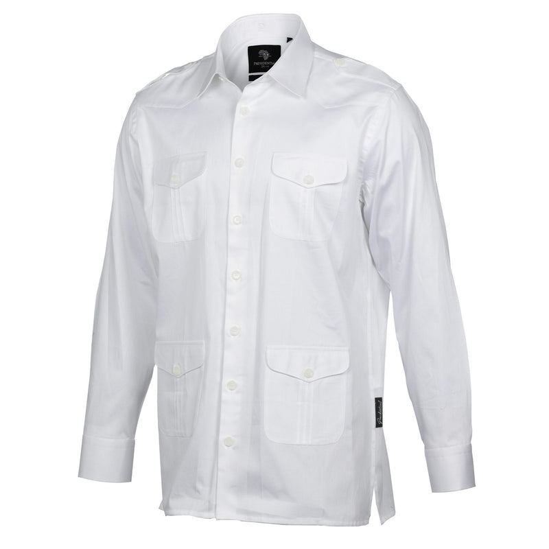 White Safari Multi-Pocket Pleated Epaulettes Long Sleeve Shirt