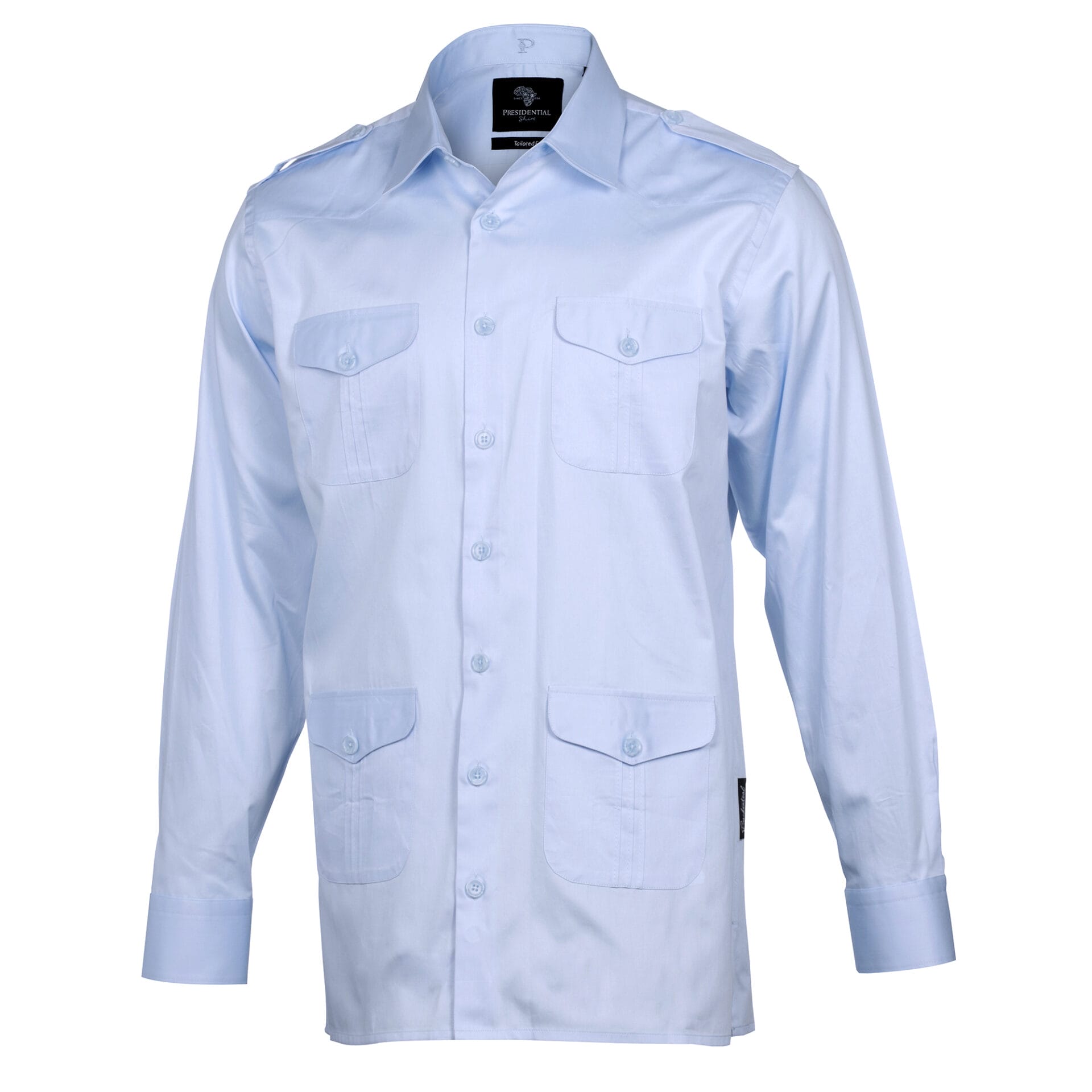 Light Blue Safari Multi-Pocket Pleated Epaulettes Long Sleeve Shirt