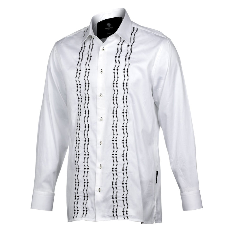 Embroidered Zig-Zag White Long Sleeve Cotton Men's Shirt