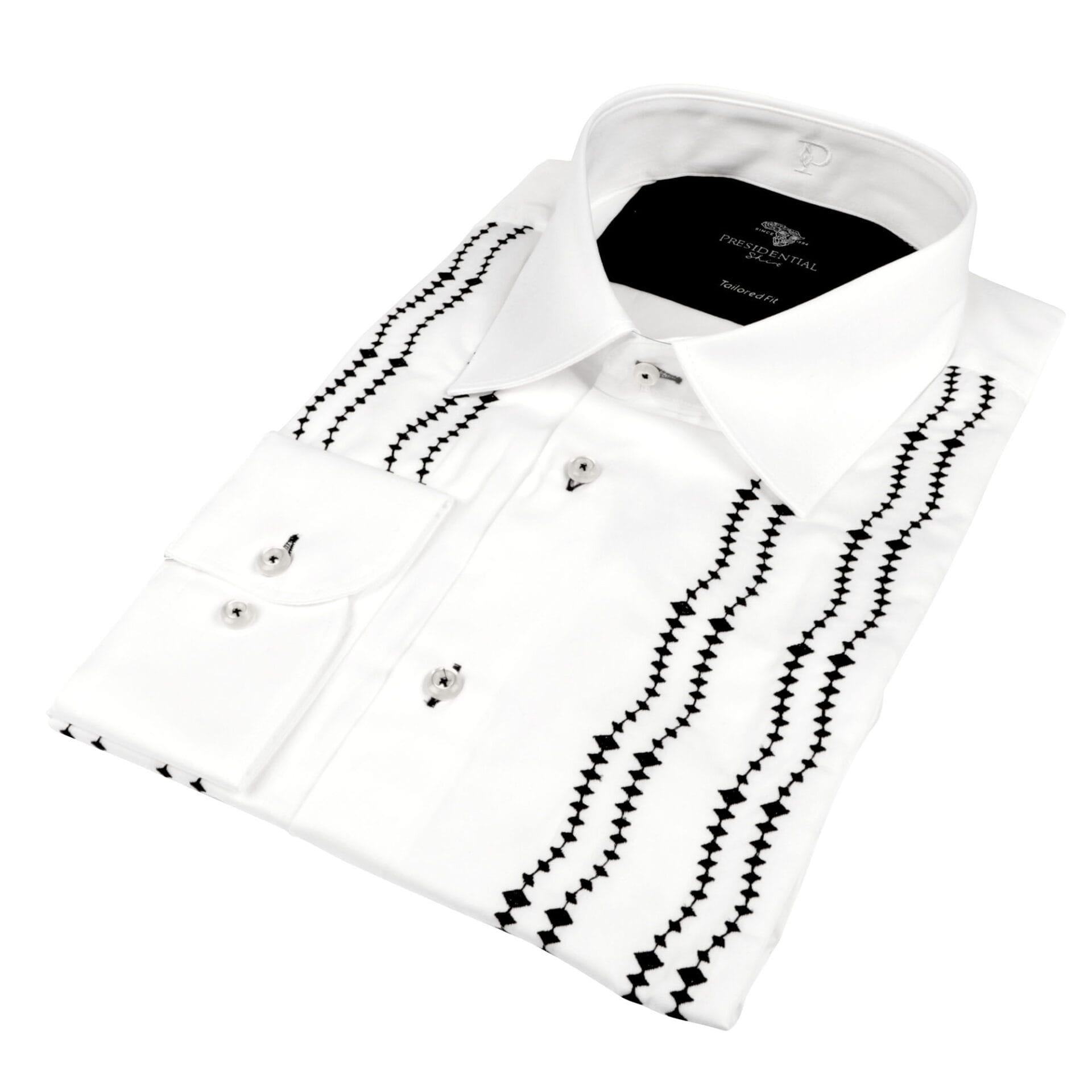 Embroidered Zig-Zag White Long Sleeve Cotton Men's Shirt