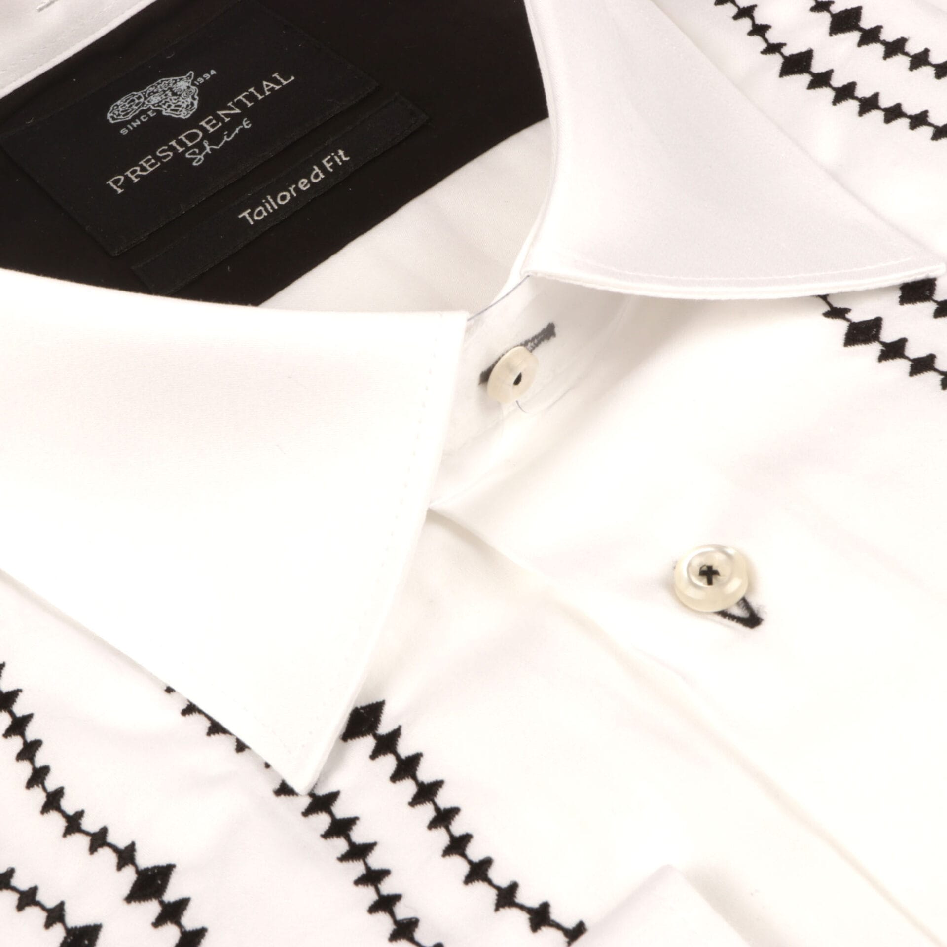 Embroidered Zig-Zag White Long Sleeve Cotton Men's Shirt