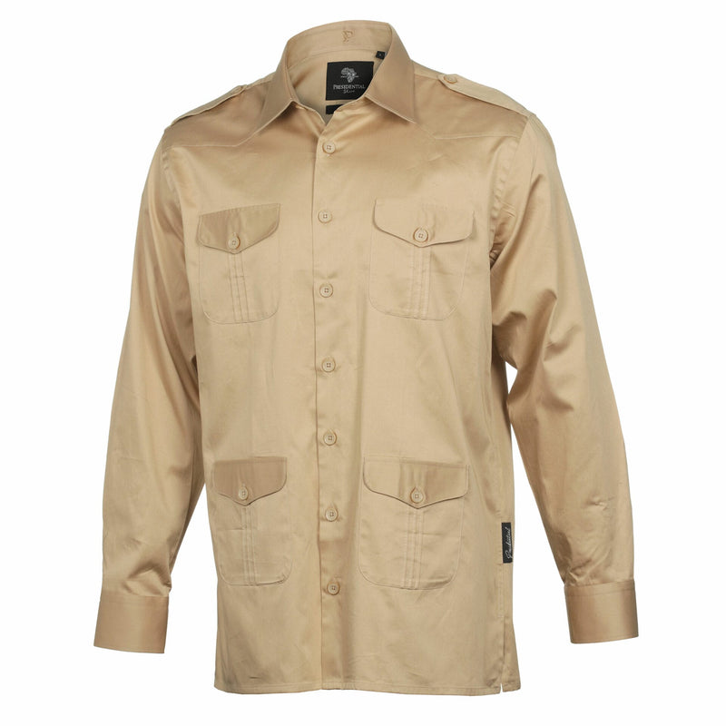 Khaki Safari Multi-Pocket Pleated Epaulettes Long Sleeve Shirt