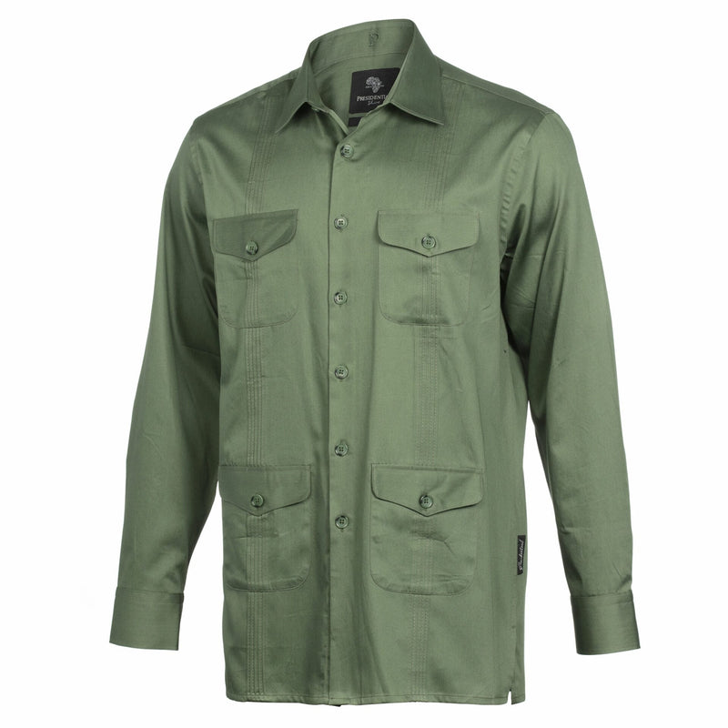 Olive Quest Multi-Pocket Pleated Long Sleeve Shirt