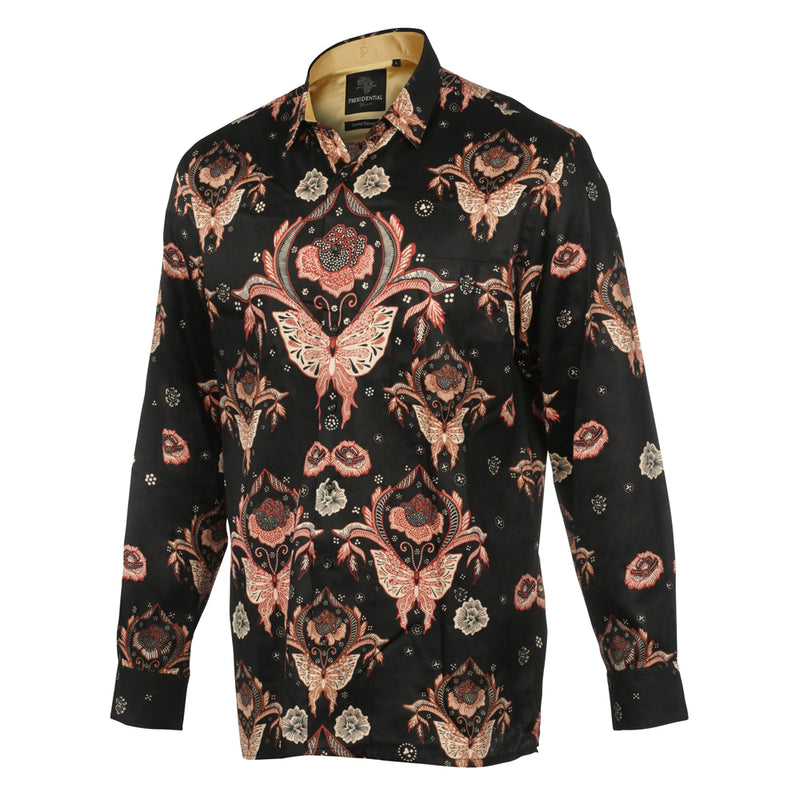 Mandela's Rose Black - Men's Long Sleeve Printed Cotton Shirt